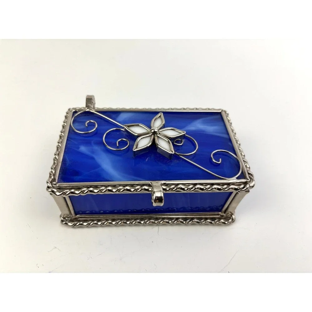 Vintage Blue Slag Glass Jewelry Trinket Box Silver Tone‎ Hinged Lid
